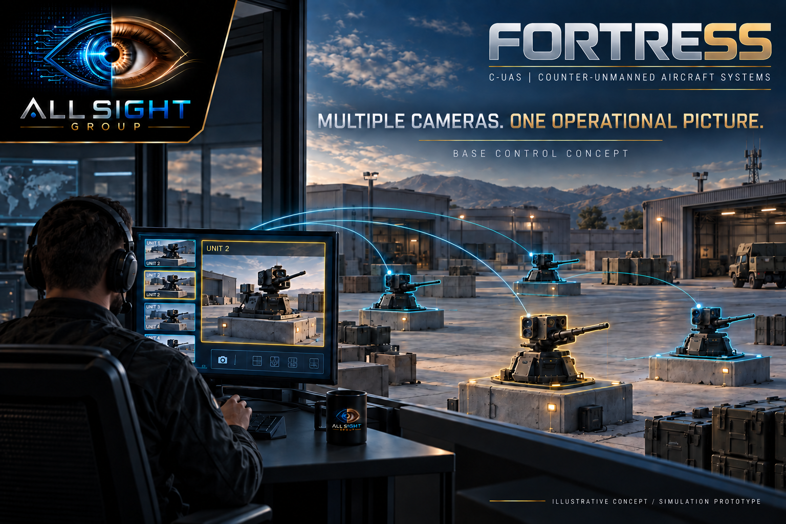 Fortress simulation concept showing an operator station connected to distributed sentry systems