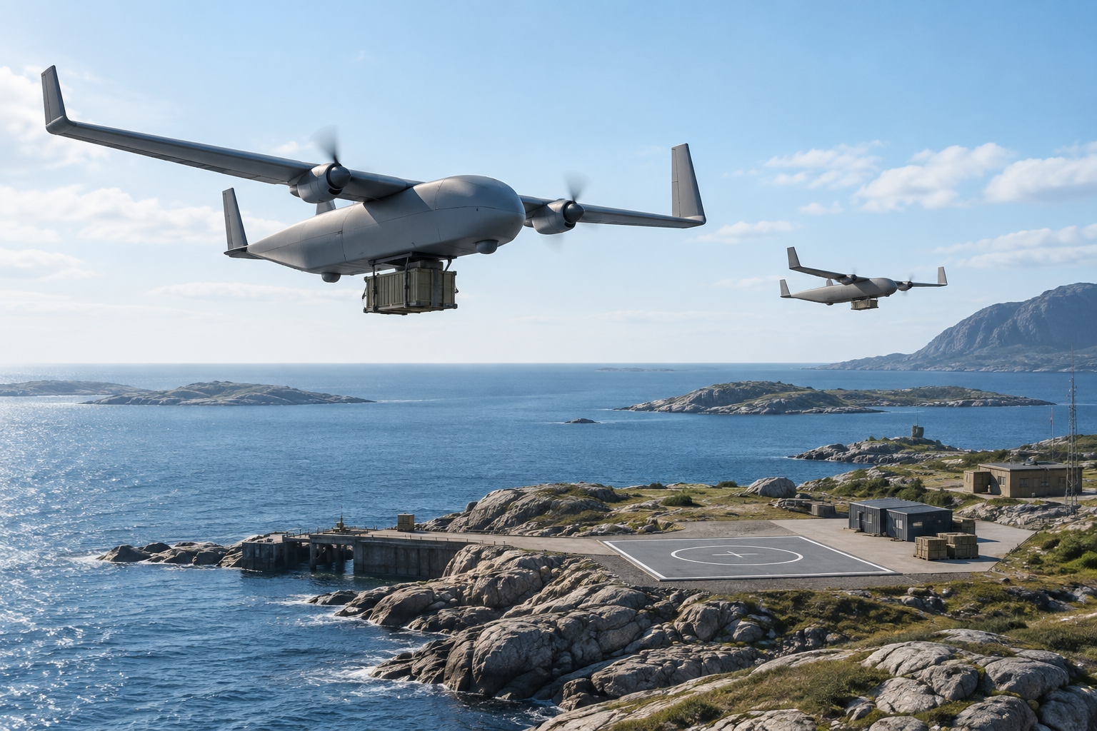 Two MAGNITUDE aircraft carrying payloads above a coastal site